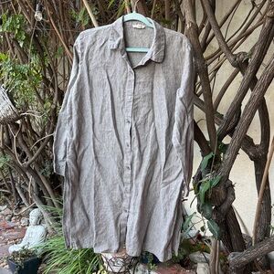 Eileen Fisher Light Gray Organic Linen Button Down Long Tunic